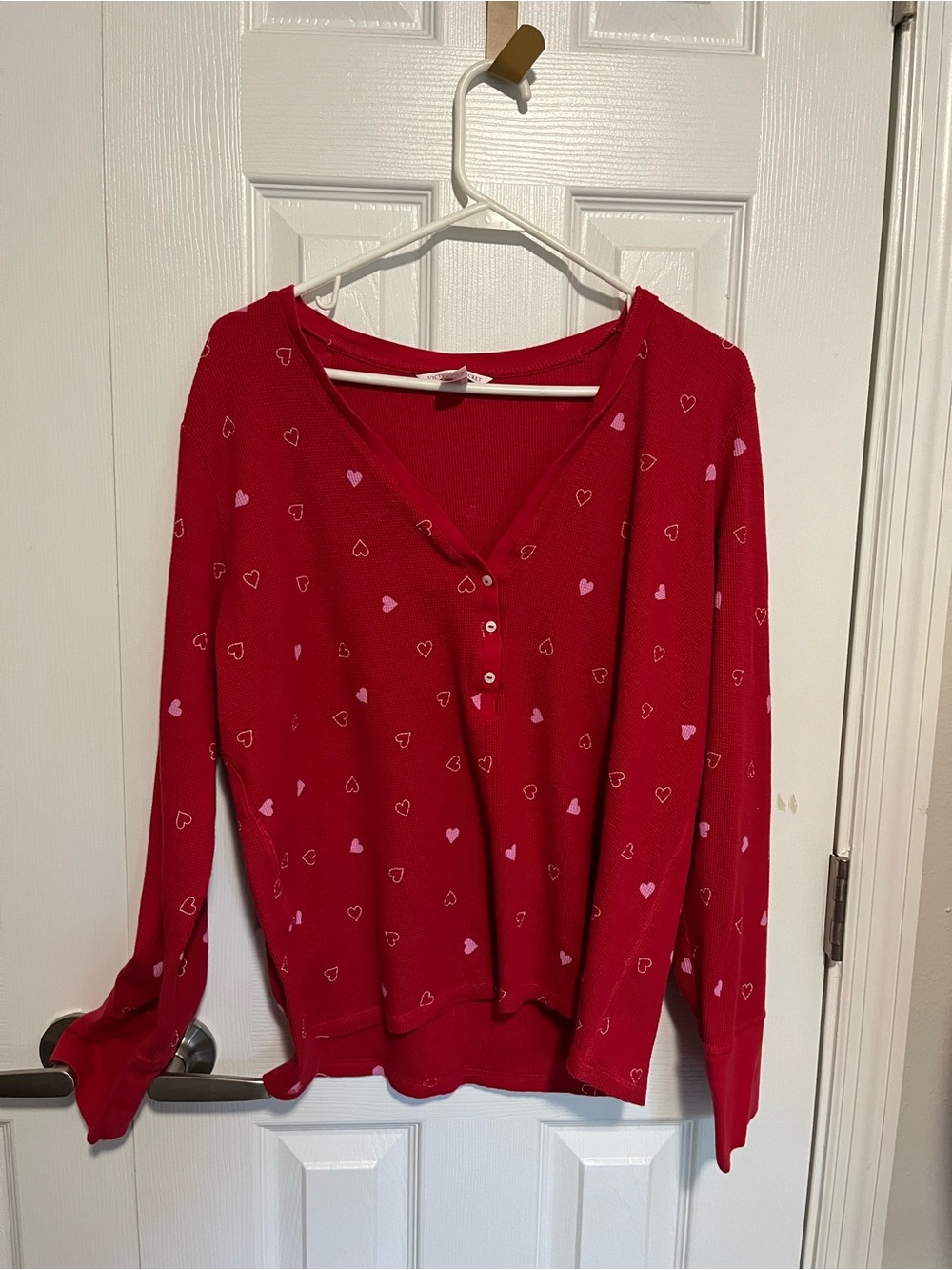 Victoria's Secret Red Long-Sleeve V-Neck Top with Pink Heart Print